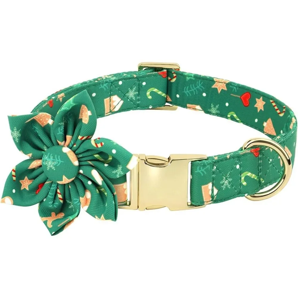 Beirui Adjustable Christmas Dog Collar with Flower for Dogs- Green Large
